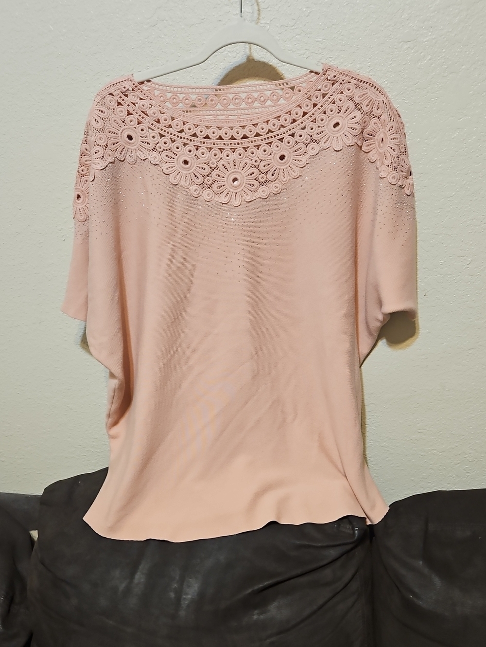 Women's Blush Pink Crochet Yoke And Silver Sequined Short Sleeve Sweater